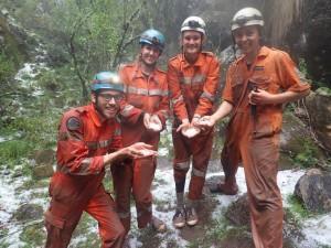 The fantastic four in our wet cave suits, in the hail